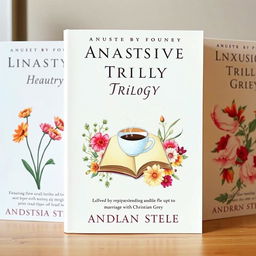 Three beautifully illustrated book covers for a trilogy, authored by Anastasia Steele, detailing her personal life journey leading up to her marriage with Christian Grey