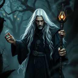 A dark sorcerer with long, flowing white hair, dressed in an elaborate dark fantasy robe adorned with mystical symbols