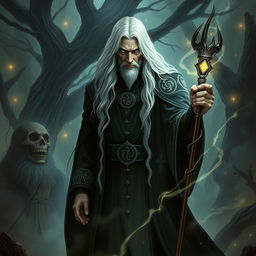 A dark sorcerer with long, flowing white hair, dressed in an elaborate dark fantasy robe adorned with mystical symbols