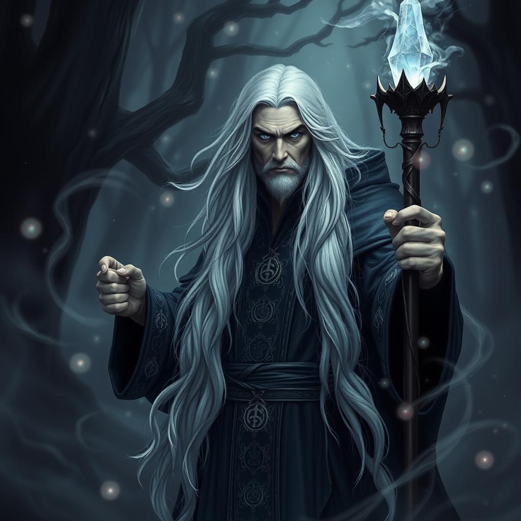 A dark sorcerer with long, flowing white hair, dressed in an elaborate dark fantasy robe adorned with mystical symbols