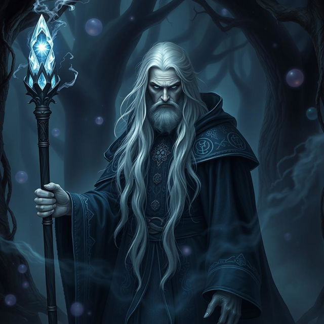 A dark sorcerer with long, flowing white hair, dressed in an elaborate dark fantasy robe adorned with mystical symbols