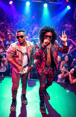 A vibrant and electrifying music scene featuring two prominent artists, Finesty ZMB and Sisal De Monster, performing on stage
