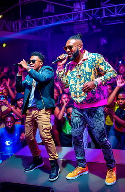 A vibrant and electrifying music scene featuring two prominent artists, Finesty ZMB and Sisal De Monster, performing on stage