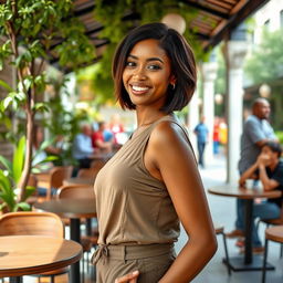 A 25-year-old woman with light brown skin and short hair, elegantly posing in a stylish outdoor café setting