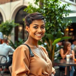 A 25-year-old woman with light brown skin and short hair, elegantly posing in a stylish outdoor café setting