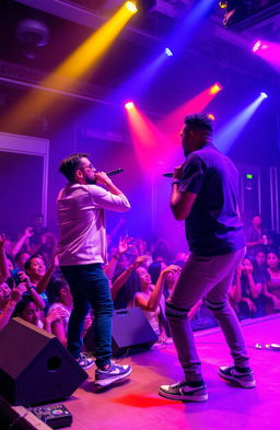 A vibrant and dynamic music scene, featuring a lively performance on stage with the musicians Finesty ZMB Alibwino and Sisal De Monster engaging passionately with the audience