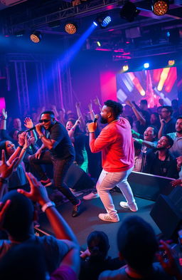 A vibrant and dynamic music scene, featuring a lively performance on stage with the musicians Finesty ZMB Alibwino and Sisal De Monster engaging passionately with the audience