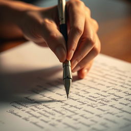 A beautifully detailed close-up of a human hand gracefully holding a classic fountain pen, poised above a blank page filled with elegant handwriting