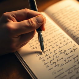 A beautifully detailed close-up of a human hand gracefully holding a classic fountain pen, poised above a blank page filled with elegant handwriting