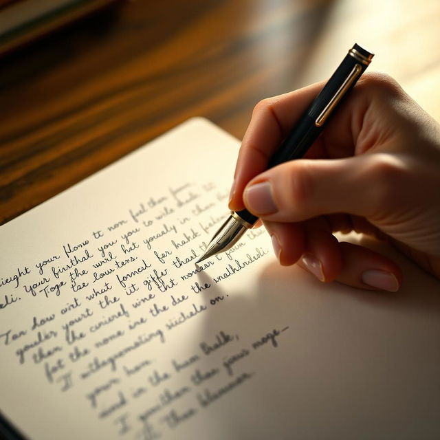 A beautifully detailed close-up of a human hand gracefully holding a classic fountain pen, poised above a blank page filled with elegant handwriting