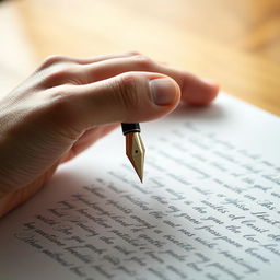 A beautifully detailed close-up of a human hand gracefully holding a classic fountain pen, poised above a blank page filled with elegant handwriting