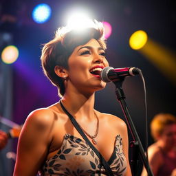 A 25-year-old woman with light brown skin and short hair passionately singing into a microphone on stage
