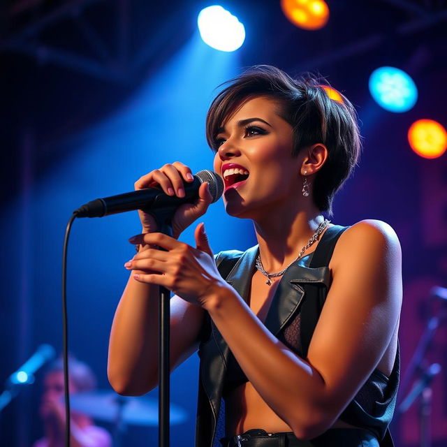 A 25-year-old woman with light brown skin and short hair passionately singing into a microphone on stage