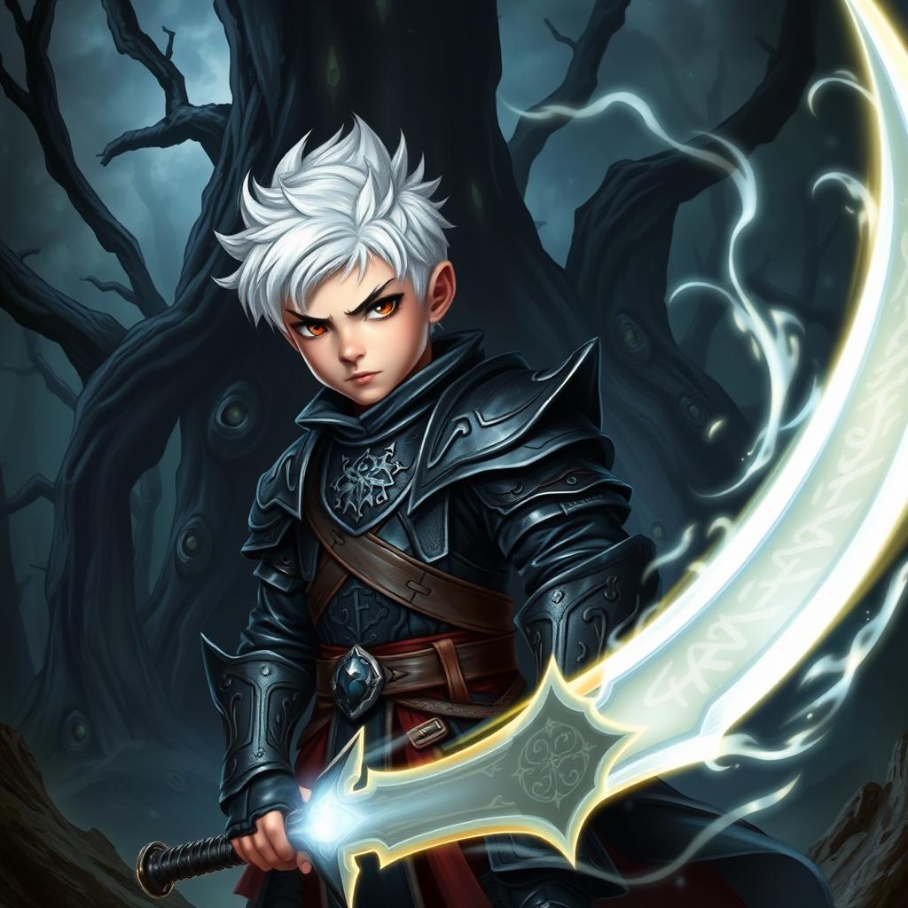 A young magical warrior boy with striking white hair, dressed in dark fantasy armor adorned with mystical runes