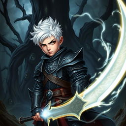 A young magical warrior boy with striking white hair, dressed in dark fantasy armor adorned with mystical runes