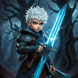 A young magical warrior boy with striking white hair, dressed in dark fantasy armor adorned with mystical runes