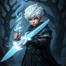 A young magical warrior boy with striking white hair, dressed in dark fantasy armor adorned with mystical runes