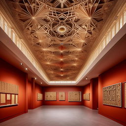 Design an exhibition area in an art museum, filled with captivating display objects and artifacts. The space has a flat Khatamband ceiling design, infusing the area with ornate, cultural elegance.