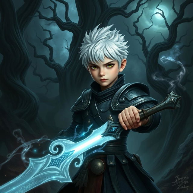 A young magical warrior boy with striking white hair, dressed in dark fantasy armor adorned with mystical runes