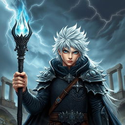 A young male warrior with captivating white hair, radiating a sense of magic and strength