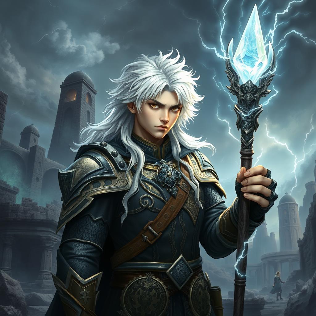 A young male warrior with captivating white hair, radiating a sense of magic and strength