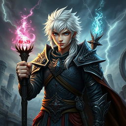 A young male warrior with captivating white hair, radiating a sense of magic and strength
