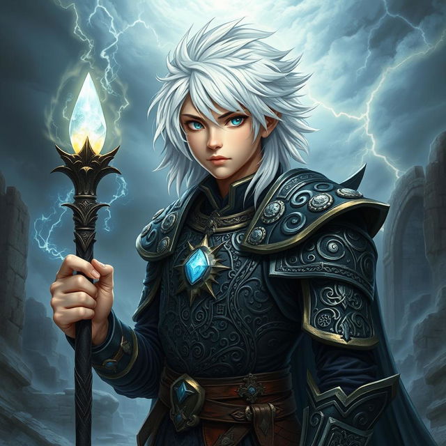 A young male warrior with captivating white hair, radiating a sense of magic and strength