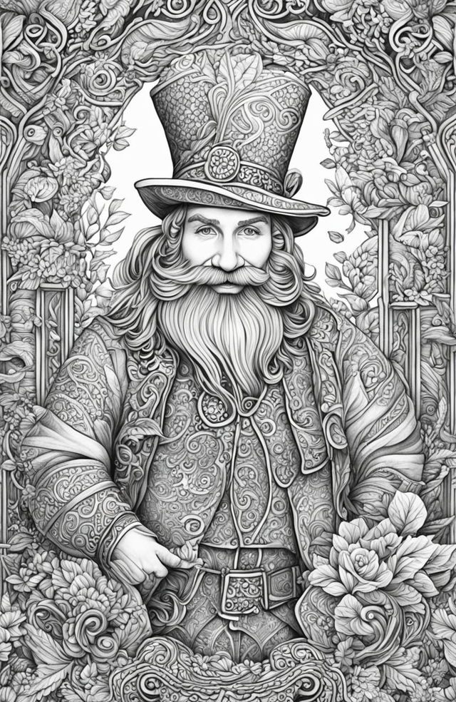 A high-quality, intricately designed adult coloring page featuring a leprechaun, drawn in the detailed style of Johanna Basford