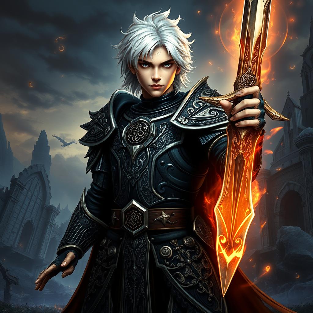 A young male warrior with mesmerizing white hair, exuding an aura of magic and bravery