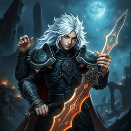 A young male warrior with mesmerizing white hair, exuding an aura of magic and bravery