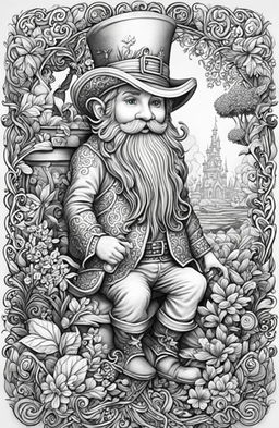 A high-quality, intricately designed adult coloring page featuring a leprechaun, drawn in the detailed style of Johanna Basford