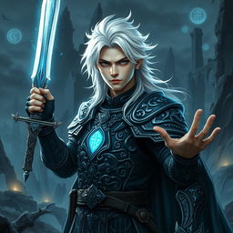 A young male warrior with mesmerizing white hair, exuding an aura of magic and bravery