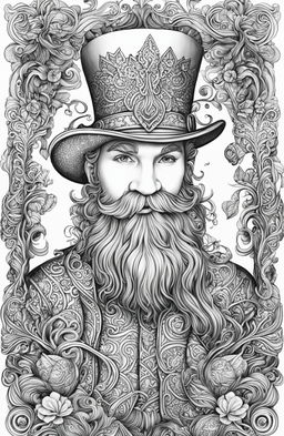 A high-quality, intricately designed adult coloring page featuring a leprechaun, drawn in the detailed style of Johanna Basford