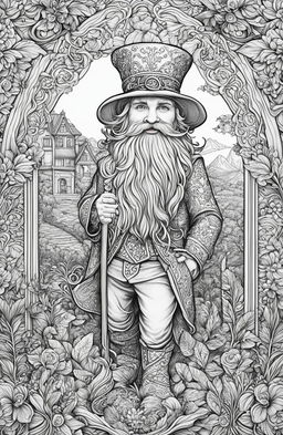 A high-quality, intricately detailed coloring page featuring a leprechaun, inspired by the style of Johanna Basford