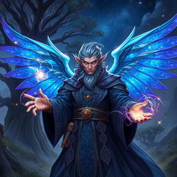 A powerful half-human wizard with majestic, translucent wings, conjuring a vibrant spell