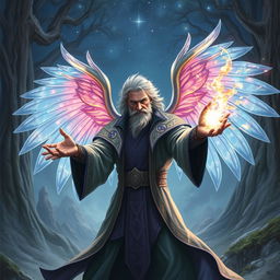 A powerful half-human wizard with majestic, translucent wings, conjuring a vibrant spell