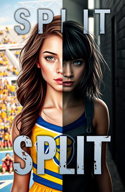 A realistic and visually striking book cover for 'Split', featuring a character named Niela divided into two contrasting halves