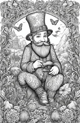 A high-quality, intricately detailed coloring page featuring a leprechaun, inspired by the style of Johanna Basford