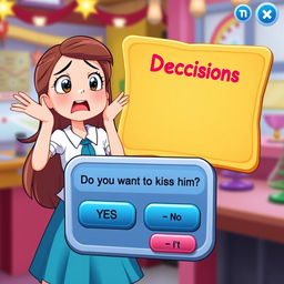 An engaging visual representation of a decision-making game interface featuring an animated character of a girl, expressing excitement and uncertainty