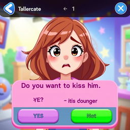 An engaging visual representation of a decision-making game interface featuring an animated character of a girl, expressing excitement and uncertainty