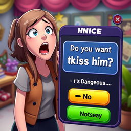 An engaging visual representation of a decision-making game interface featuring an animated character of a girl, expressing excitement and uncertainty
