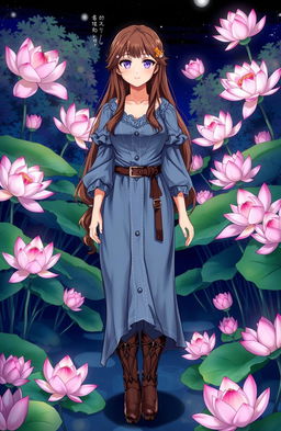 A beautiful woman with violet eyes and long brown hair, wearing a medieval dress and boots