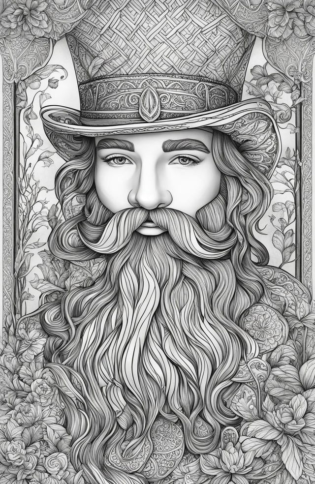 A high-quality, intricately detailed coloring page featuring a leprechaun, inspired by the style of Johanna Basford