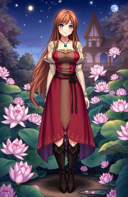 A beautiful woman with violet eyes and long brown hair, wearing a medieval dress and boots