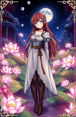 A beautiful woman with violet eyes and long brown hair, wearing a medieval dress and boots