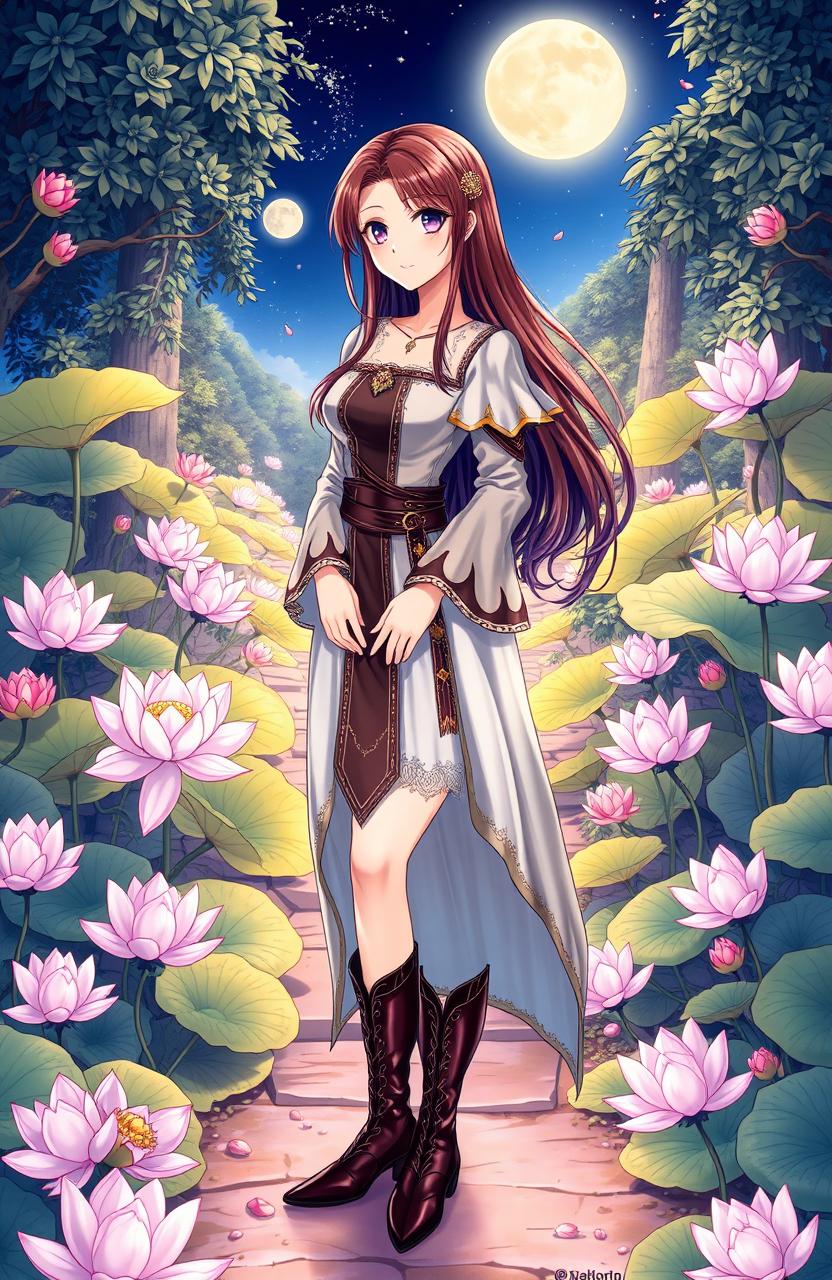 A beautiful woman with violet eyes and long brown hair, wearing a medieval dress and boots