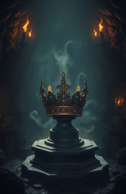 A dark and mysterious fantasy scene featuring an ancient crown shrouded in shadows, with intricate details such as jeweled embellishments and ornate engravings