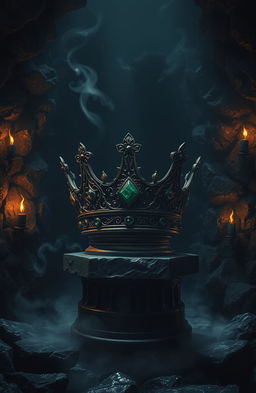 A dark and mysterious fantasy scene featuring an ancient crown shrouded in shadows, with intricate details such as jeweled embellishments and ornate engravings