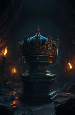 A dark and mysterious fantasy scene featuring an ancient crown shrouded in shadows, with intricate details such as jeweled embellishments and ornate engravings