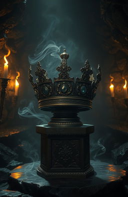 A dark and mysterious fantasy scene featuring an ancient crown shrouded in shadows, with intricate details such as jeweled embellishments and ornate engravings